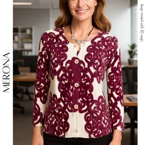 MERONA White & Purple Print Cardigan Sweater, XS